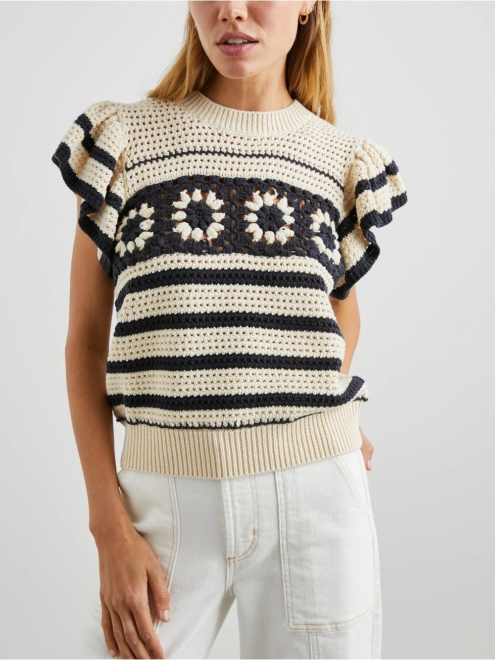 Elie Tahari Navy and White Crocheted Flutter Sleeve Top